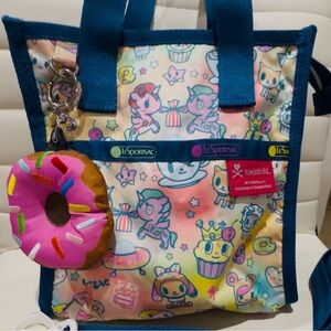 LeSportsac Tokidoki Pastel Tote Blue Pink Green Bag with Donut Charm